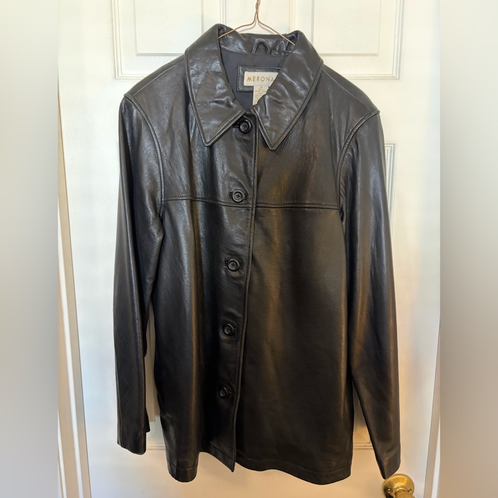 Y2K/Vintage Women’s Black Leather Jacket - from 1990’s! Merona Brand - Size M